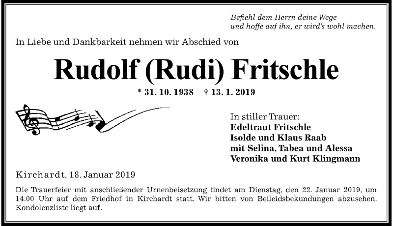  Traueranzeige für Rudolf Fritschle vom 18.01.2019 aus 