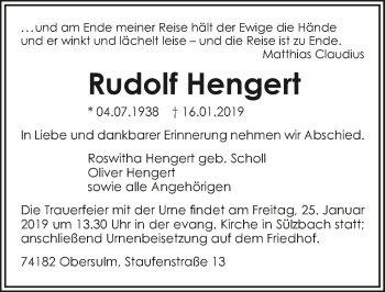 Traueranzeige von Rudolf Hengert 