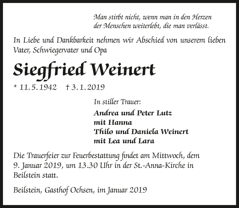  Traueranzeige für Siegfried Weinert vom 05.01.2019 aus 