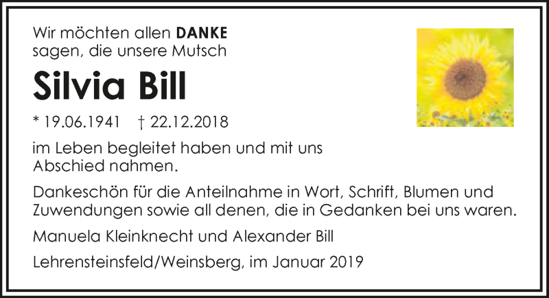  Traueranzeige für Silvia Bill vom 12.01.2019 aus 
