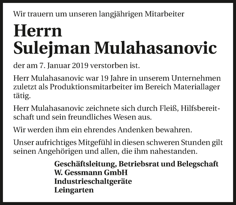  Traueranzeige für Sulejman Mulahasanovic vom 26.01.2019 aus 