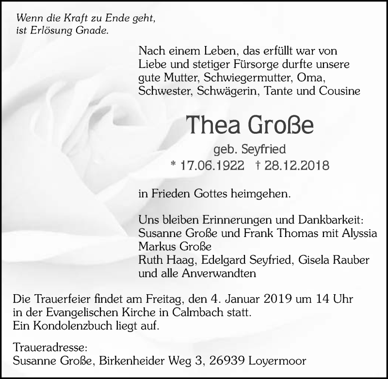  Traueranzeige für Thea Große vom 03.01.2019 aus 