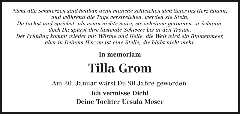  Traueranzeige für Tilla Grom vom 21.01.2019 aus 