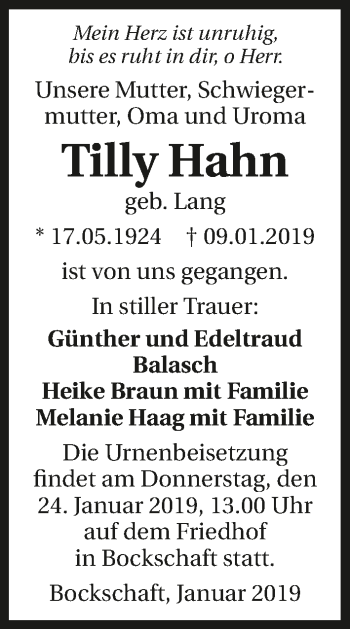 Traueranzeige von Tilly Hahn 