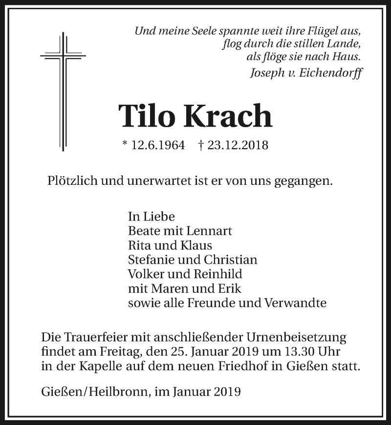  Traueranzeige für Tilo Krach vom 15.01.2019 aus 