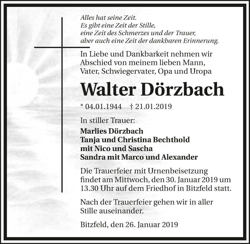  Traueranzeige für Walter Dörzbach vom 26.01.2019 aus 