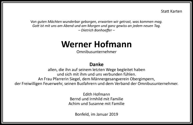  Traueranzeige für Werner Hofmann vom 12.01.2019 aus 