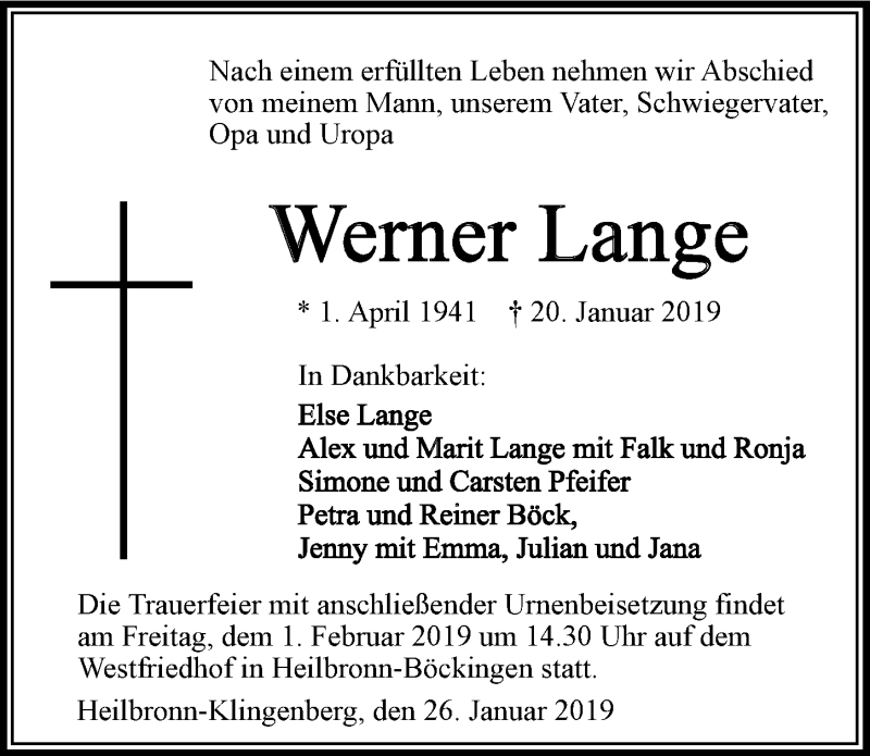  Traueranzeige für Werner Lange vom 26.01.2019 aus 