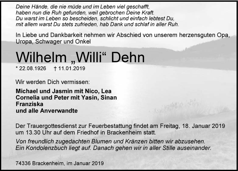  Traueranzeige für Wilhelm Dehn vom 15.01.2019 aus 
