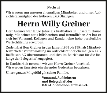 Traueranzeige von Willy Greiner 