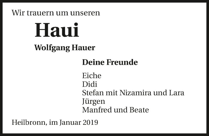  Traueranzeige für Wolfgang Hauer vom 23.01.2019 aus 