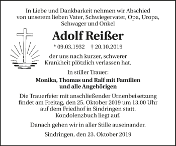 Traueranzeige von Adolf Reißer 