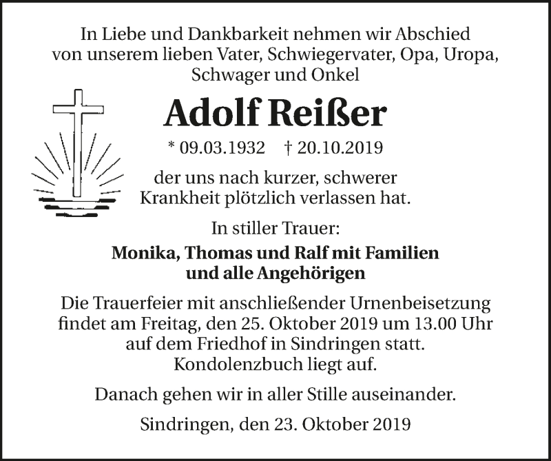  Traueranzeige für Adolf Reißer vom 23.10.2019 aus 