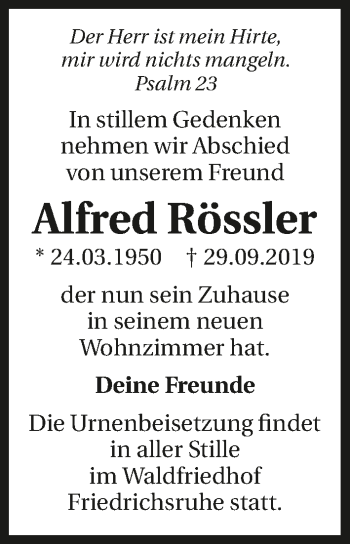 Traueranzeige von Alfred Rössler 