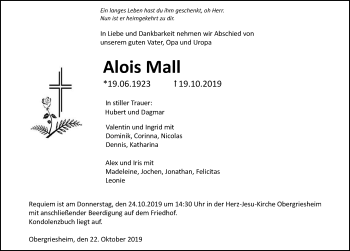 Traueranzeige von Alois Mall 