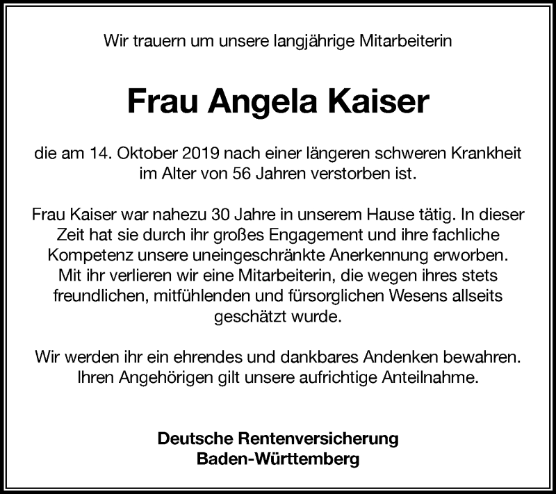  Traueranzeige für Angela Kaiser vom 19.10.2019 aus 