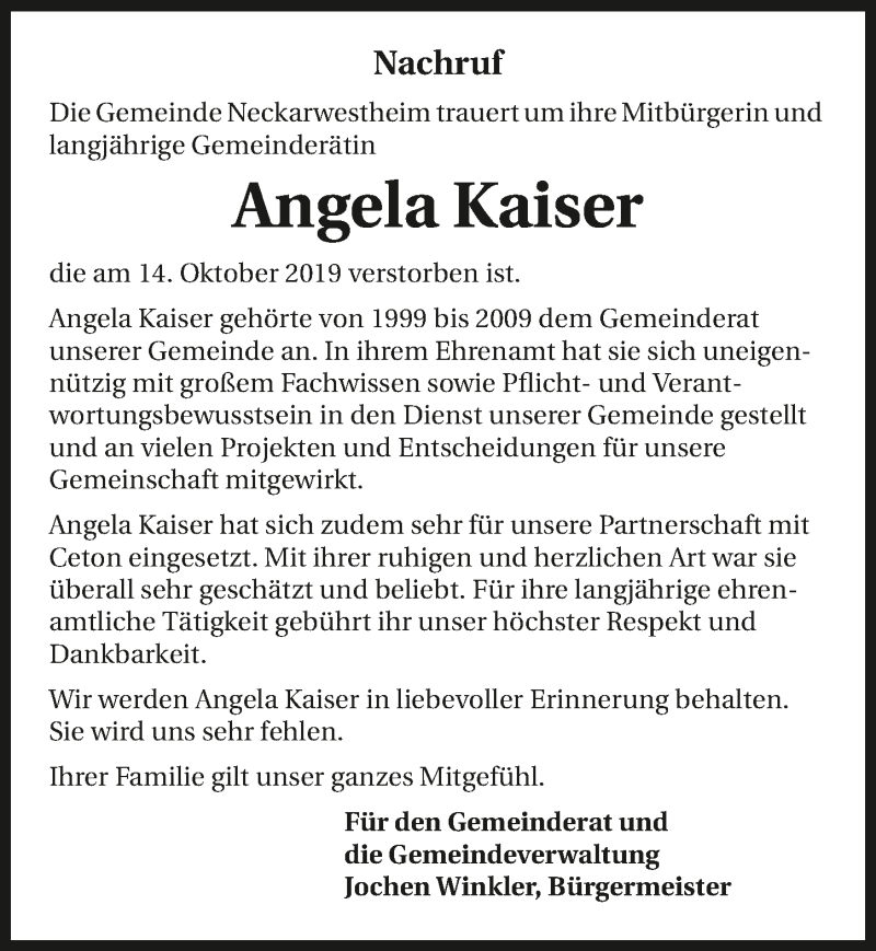  Traueranzeige für Angela Kaiser vom 19.10.2019 aus 