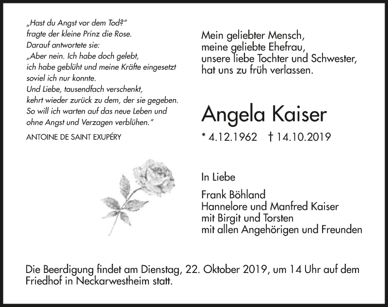  Traueranzeige für Angela Kaiser vom 19.10.2019 aus 