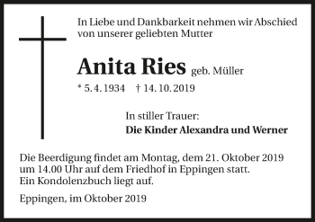 Traueranzeige von Anita Ries 