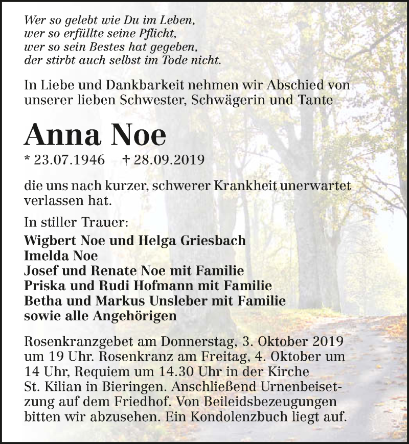  Traueranzeige für Anna Noe vom 02.10.2019 aus 