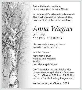 Traueranzeige von Anna Wagner 