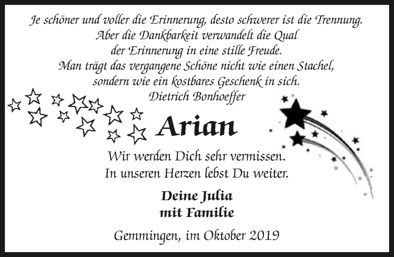 Traueranzeige für Arian Klar vom 02.10.2019 aus 