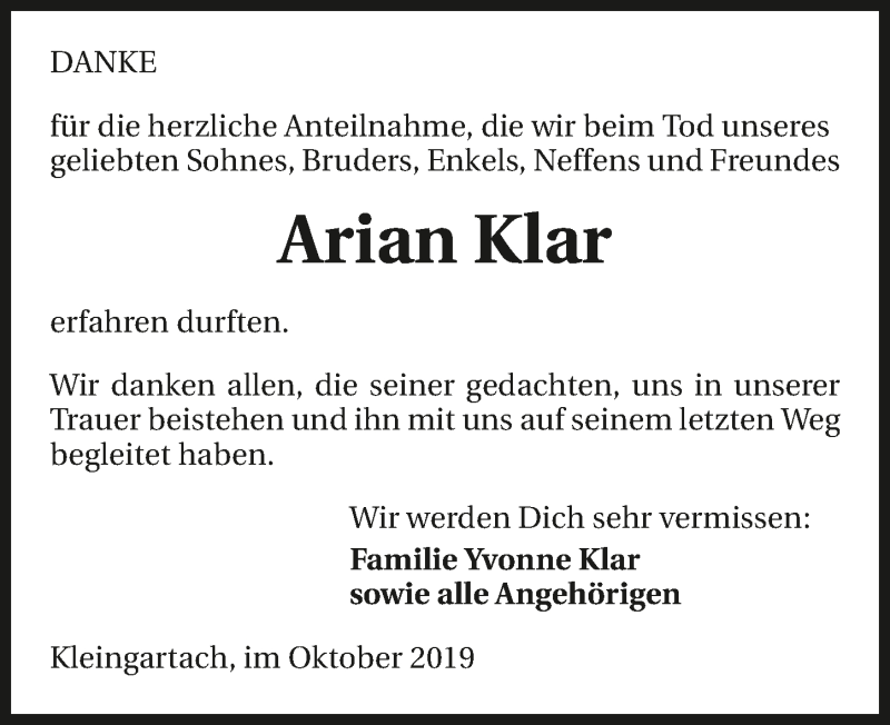  Traueranzeige für Arian Klar vom 16.10.2019 aus 