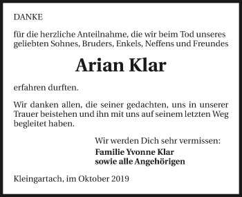 Traueranzeige von Arian Klar 