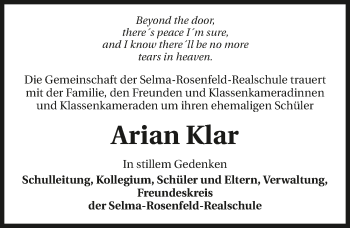 Traueranzeige von Arian Klar 