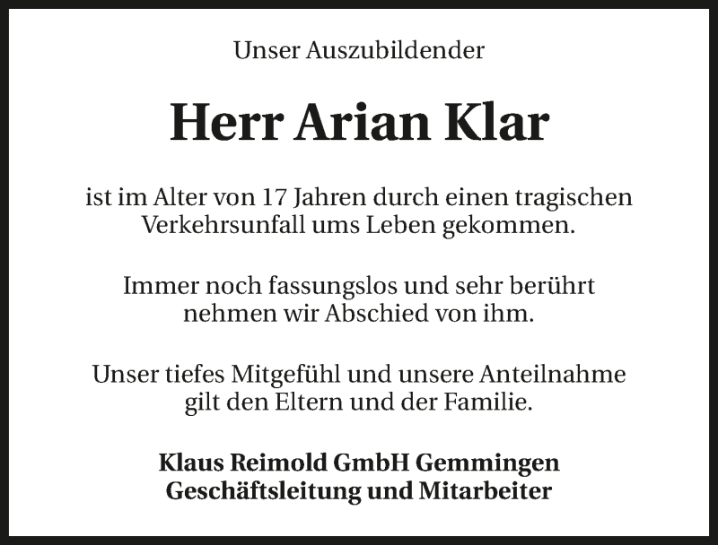  Traueranzeige für Arian Klar vom 02.10.2019 aus 