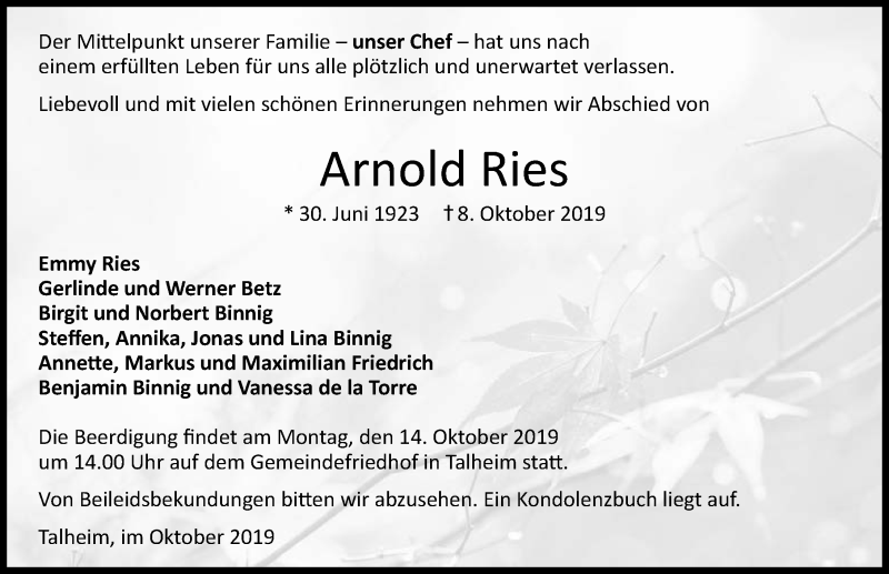  Traueranzeige für Arnold Ries vom 12.10.2019 aus 