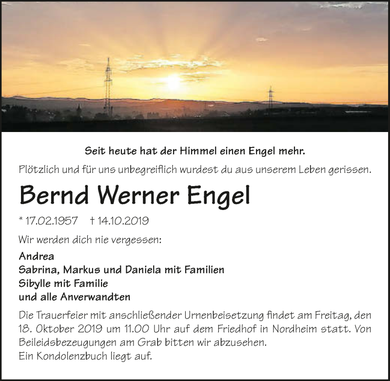  Traueranzeige für Bernd Werner Engel vom 16.10.2019 aus 