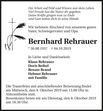 Traueranzeige von Bernhard Rehrauer 