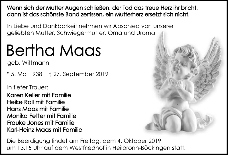  Traueranzeige für Bertha Maas vom 02.10.2019 aus 