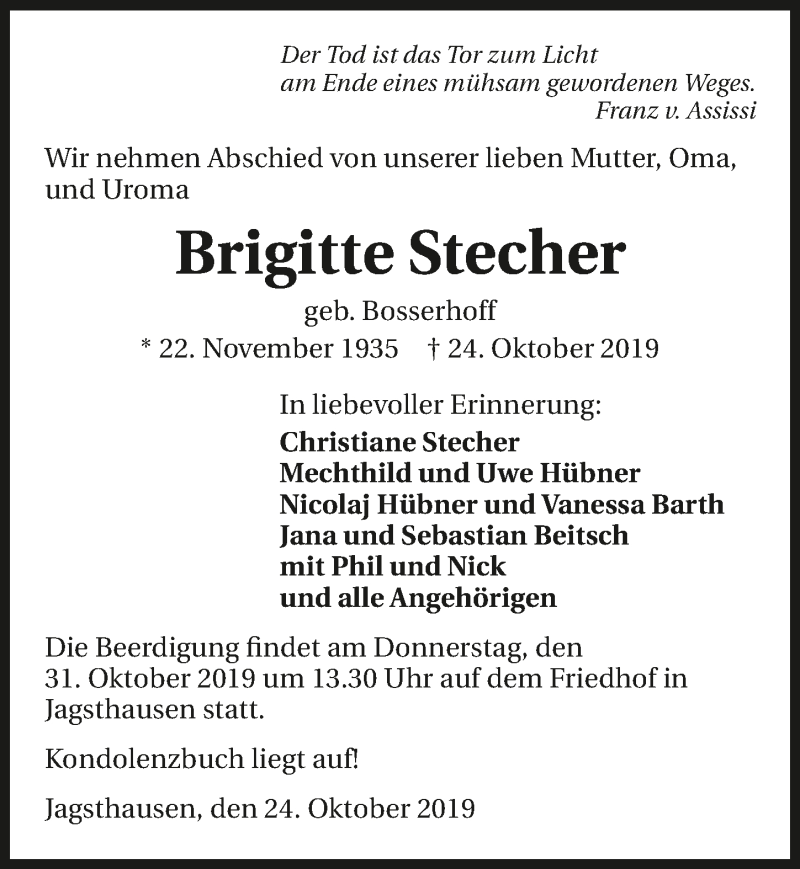 Traueranzeige für Brigitte Stecher vom 29.10.2019 aus 