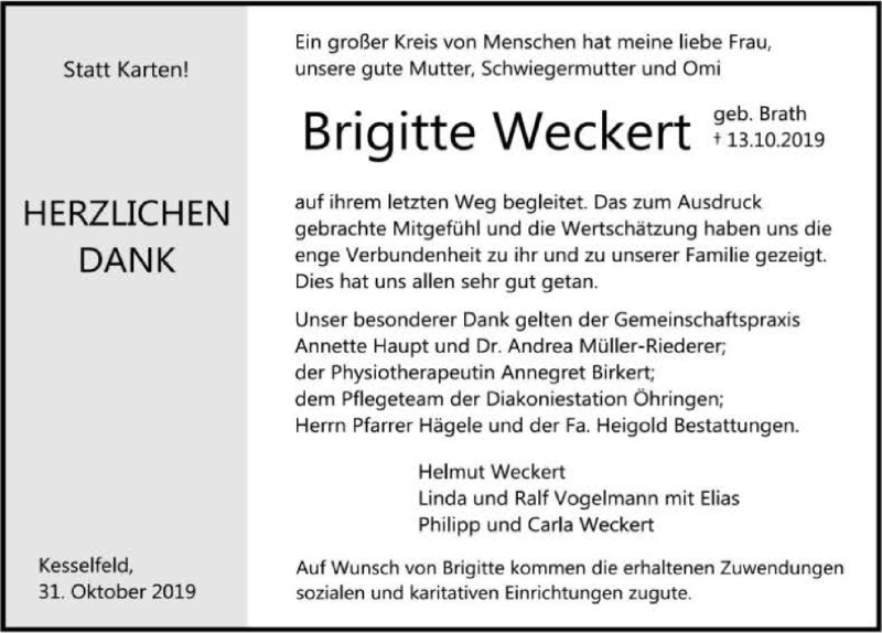  Traueranzeige für Brigitte Weckert vom 31.10.2019 aus 
