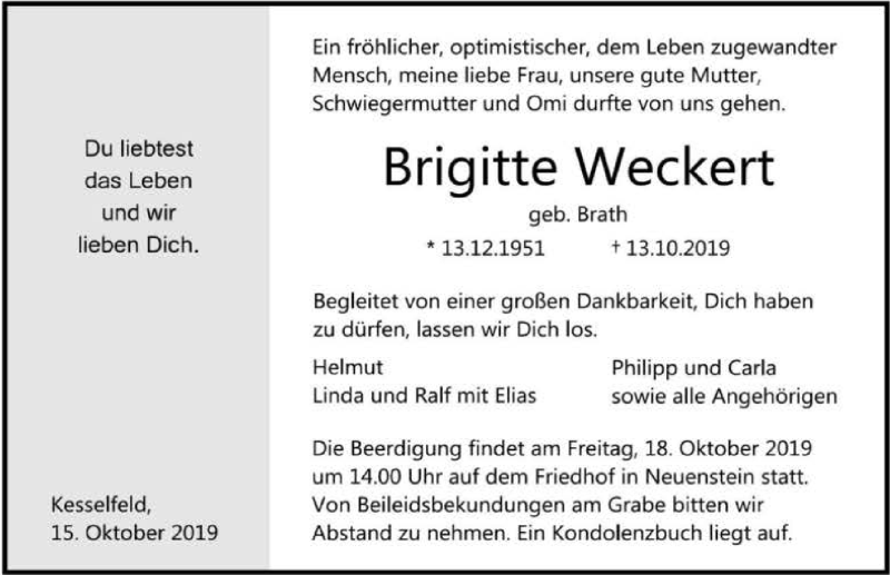  Traueranzeige für Brigitte Weckert vom 15.10.2019 aus 