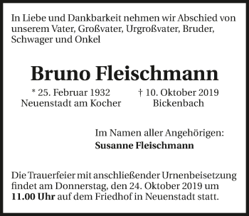 Traueranzeige von Bruno Fleischmann 