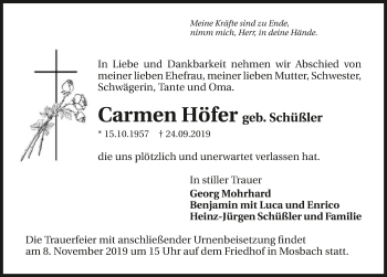 Traueranzeige von Carmen Höfer 