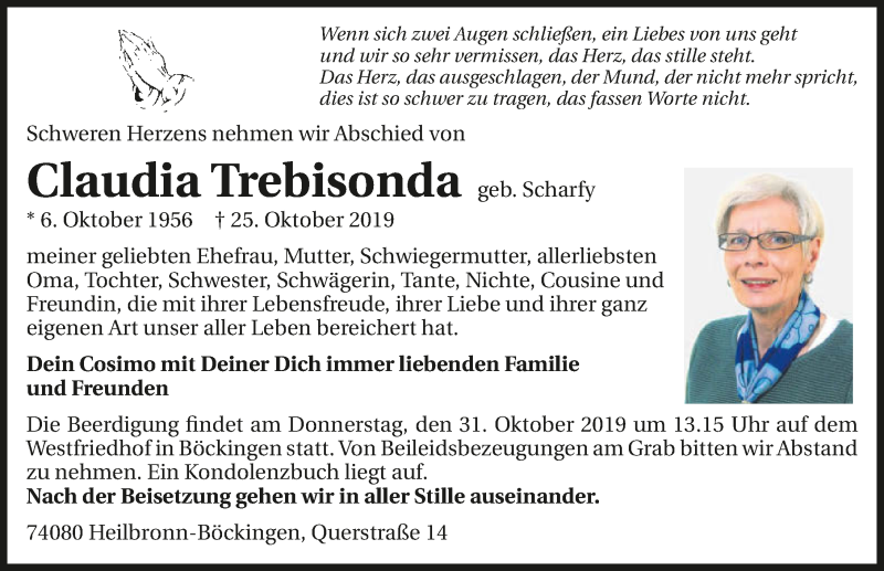  Traueranzeige für Claudia Trebisonda vom 29.10.2019 aus 