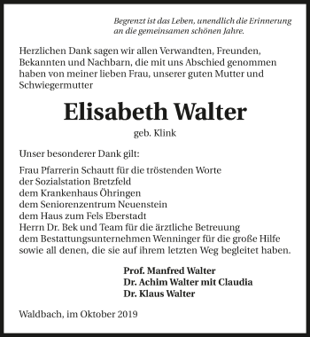 Traueranzeige von Elisabeth Walter 