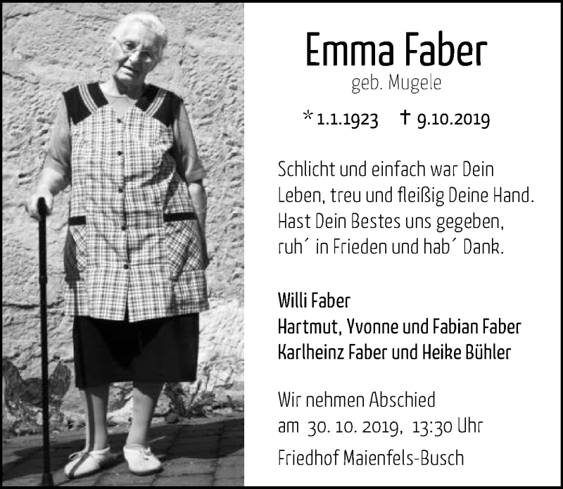  Traueranzeige für Emma Faber vom 26.10.2019 aus 