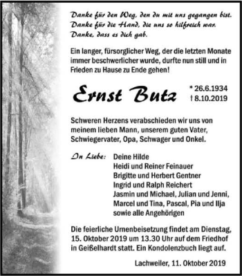 Traueranzeige von Ernst Butz 