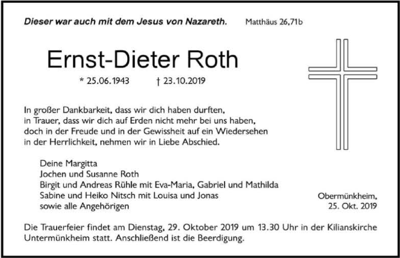  Traueranzeige für Ernst-Dieter Roth vom 25.10.2019 aus 