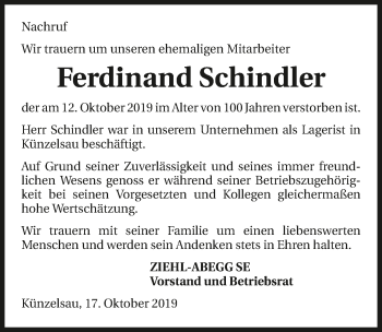 Traueranzeige von Ferdinand Schindler 