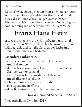 Traueranzeige von Franz Heim 