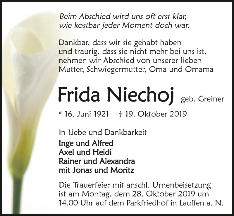  Traueranzeige für Frida Niechoj vom 23.10.2019 aus 