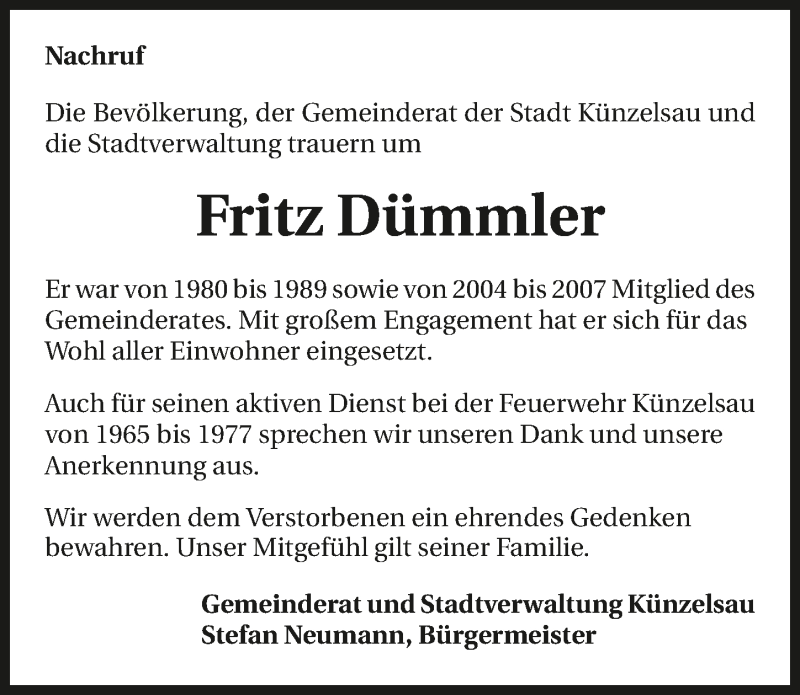  Traueranzeige für Fritz Dümmler vom 30.10.2019 aus 