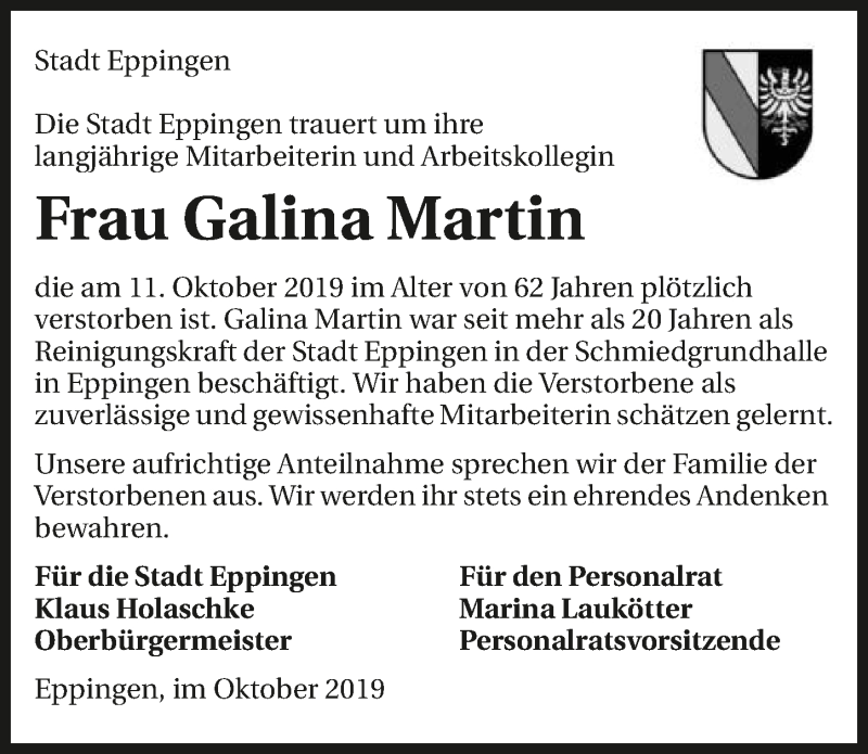  Traueranzeige für Galina Martin vom 16.10.2019 aus 