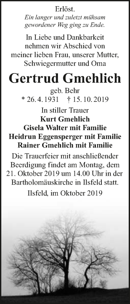  Traueranzeige für Gertrud Gmehlich vom 18.10.2019 aus 